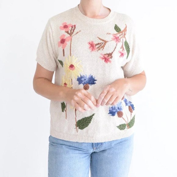 Vintage 220 Hickory Tan Pink  Floral Knit Short Sleeve Crewneck Sweater M - Picture 2 of 12